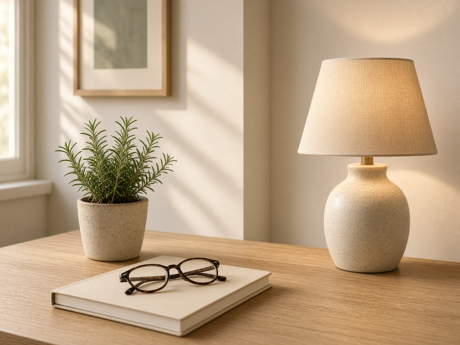 A quiet consultation desk with a notebook, lamp, and rosemary plant.