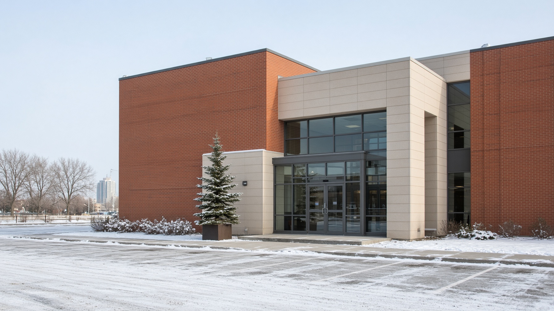 A modest medical plaza on a bright Calgary morning, with an evergreen planter at the entry.