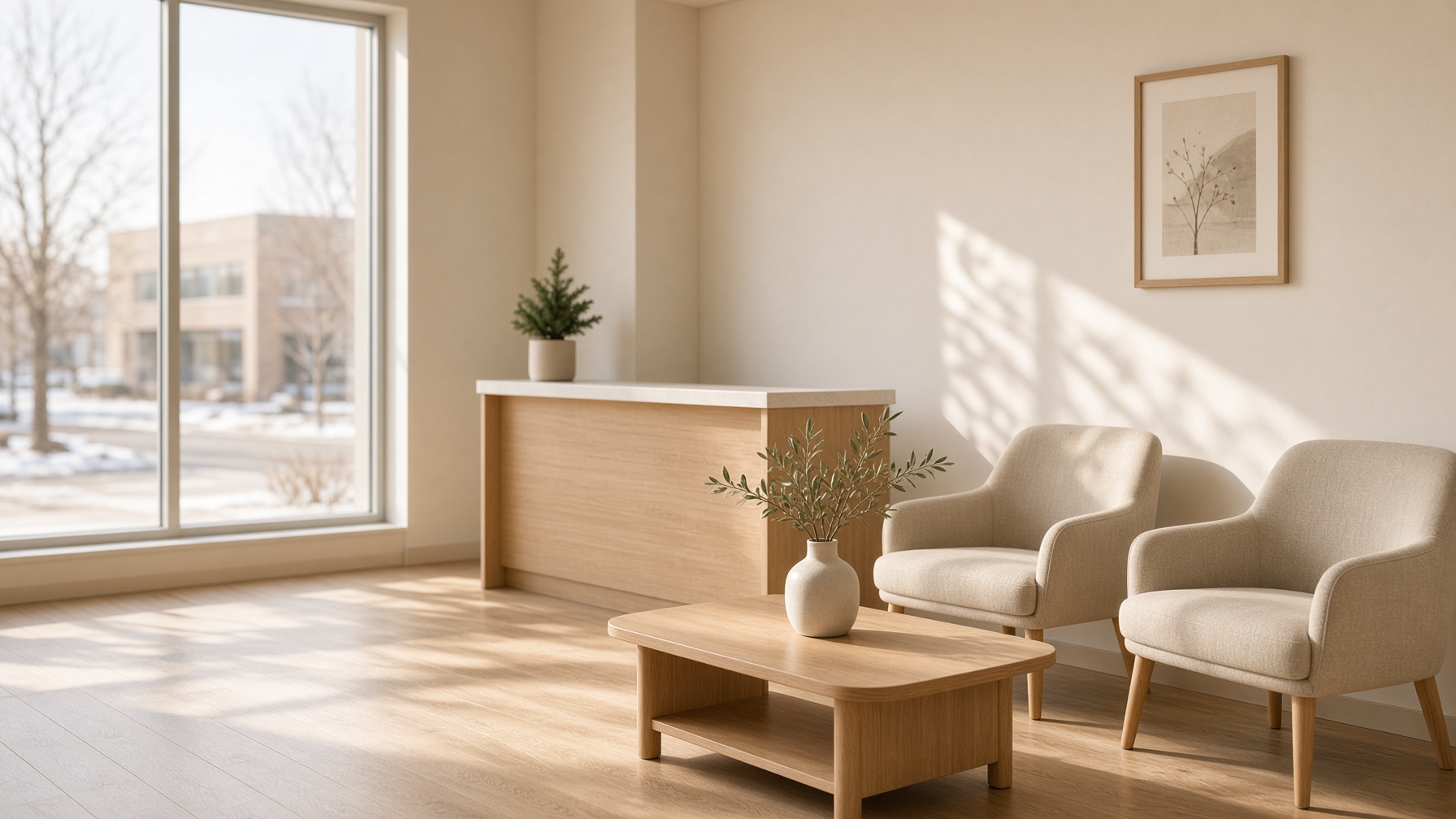 Sunlit waiting room at EverWell Clinic, with linen chairs, oak floors, and olive branches.
